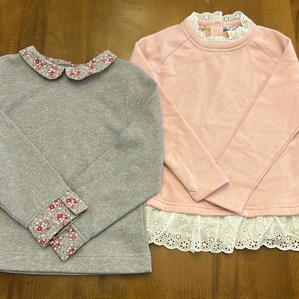 2 girls tops (pink & gray) with collar detail. Size 8 & 7/8